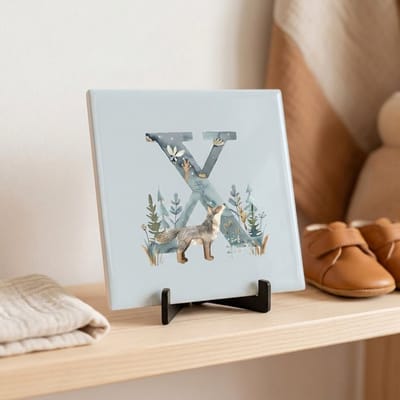 Tegeltje | Alfabet | Bosdiertjes | Baby | Letter X | Glans afwerking | Inclusief gratis standaard | 15 x 15 cm | Fotofabriek
