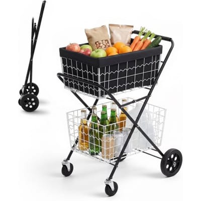 VEVOR 2-laags boodschappenwagen, opvouwbaar, draagvermogen 40 kg, stalen frame, inhoud 64 liter, met 2 uitneembare manden en 4 wielen, 2-in-1 transportwagen voor huishouden, supermarkt en magazijn.