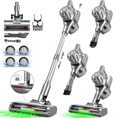 Fukstern Steelstofzuiger Draadloos – 50 kPa Sterke Zuigkracht – Tot 60 Min Accuduur – Anti-haarwikkel Vloerborstel – Inclusief 4 HEPA-filters – 1,6L Stofreservoir – Groene LED Stofdetectieverlichting – Zilver