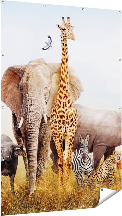Gards Tuinposter Afrikaanse Dieren op het Gras - Afrika - 120x180 cm - Tuindoek - Tuindecoratie - Wanddecoratie buiten - Tuinschilderij