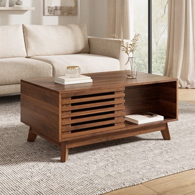 STILVORA Salontafel - Verstelbaar Tafelblad En Schuifdeur - Voor Woonkamer En Kleine Ruimtes - MDF - 90x55x57,5 Cm - Walnoot