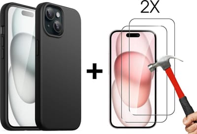 Hoesje geschikt voor iPhone 15 Plus Zwart Siliconen Hoesje met 2x Tempered Glass Screenprotector - EPICMOBILE