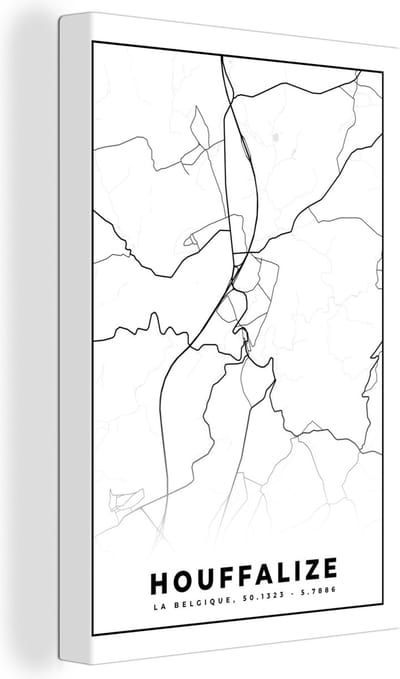 Canvas Schilderij België – Houffalize – Stadskaart – Kaart – Zwart Wit – Plattegrond - 20x30 cm - Wanddecoratie