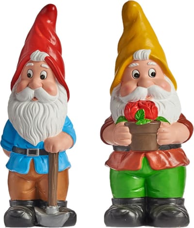 Tuinkabouter beeldjes - set van 2x - Keramiek - 38 cm - geel/rood