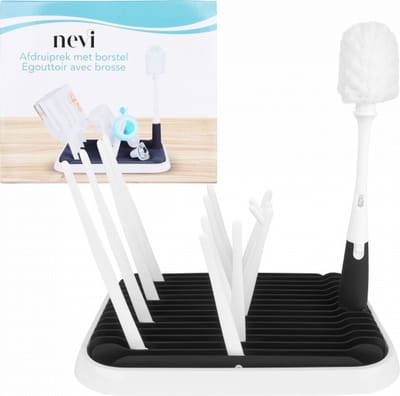 Nevi Flessenrek Baby met Lekbak en Flessenborstel - Droogrek voor 10 Babyflessen - Compact en Opvouwbaar