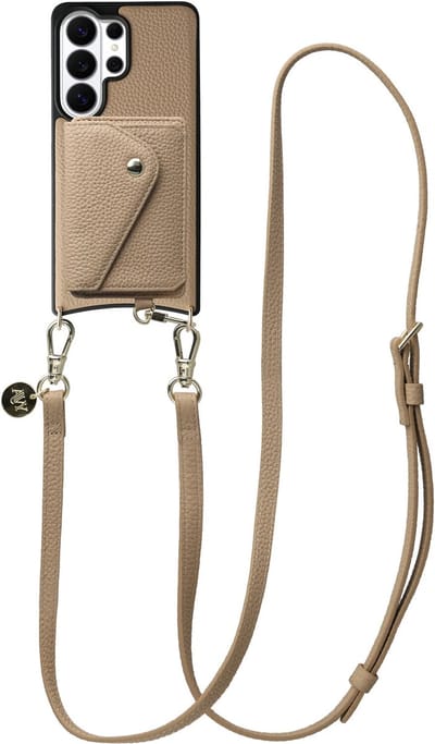 AVY Leren Hoesje geschikt voor Samsung Galaxy S26 Ultra | Met Koord en Magnetische Kaarthouder | Compatibel met MagSafe | Leather Case met 130CM Koord & Wallet | Long Leather | Beige