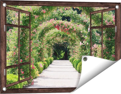 Gards Tuinposter Doorkijk Rozenbogen Tunnel - 60x40 cm - Tuindoek - Tuindecoratie - Wanddecoratie buiten - Tuinschilderij