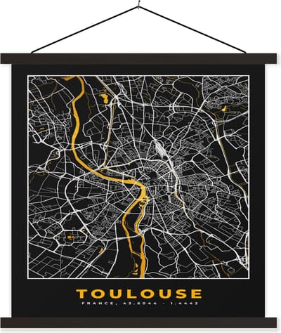 Posterhanger incl. Poster 60x60 cm - Schoolplaat - Toulouse - Plattegrond – Stadskaart – Frankrijk - Kaart - Textielposter - Zwarte latten - Stadskaart