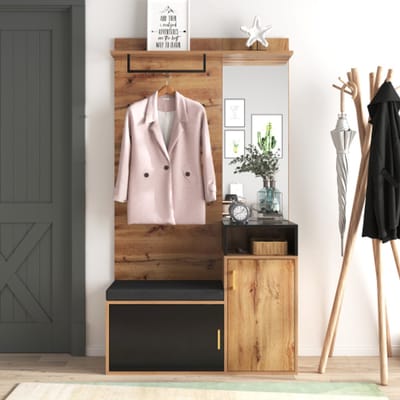 Garderobeset met 4 haken, spiegel, schoenenkast, wandgarderobe met opbergruimte en zitbank, halmeubel
