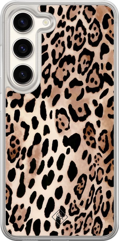 Casimoda® hoesje - Geschikt voor Samsung Galaxy S23 - Luipaard print bruin - 2-in-1 case - Schokbestendig - Luipaardprint - Verhoogde randen - Bruin/beige, Transparant