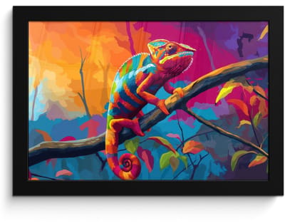 Poster in lijst - Fotolijst 30x20 cm - Posters - Kameleon - Tak - Gestreept - Bladeren - Posterlijst zwart - Decoratie - Wanddecoratie woonkamer - Muurdecoratie slaapkamer