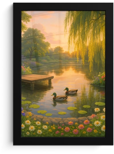 Poster in lijst - Fotolijst 20x30 cm - Posters - Eenden - Vijver - Bloemen - Posterlijst zwart - Decoratie - Wanddecoratie woonkamer - Muurdecoratie slaapkamer