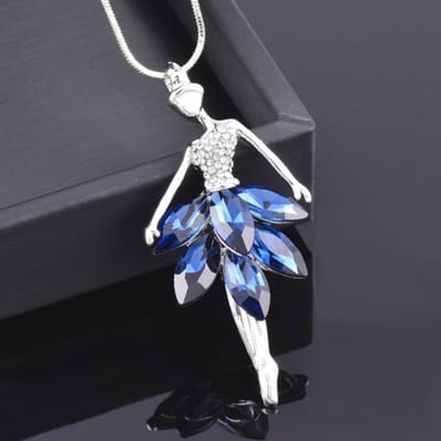 Elegante Charm Danser Cubic Zirkonia Blauw Wit Kleur Jurk Hanger Lange Ketting Voor Vrouwen Retro Mode Sieraden black