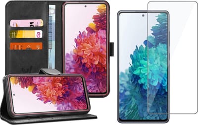 Hoesje geschikt voor Samsung Galaxy S20 FE - Screen Protector GlassGuard - Book Case Kunstleer Pasjeshouder Zwart & Screenprotector