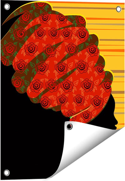 Gards Tuinposter Afrikaanse Vrouw met Bloemen Tulband - Abstract - 40x50 cm - Tuindoek - Tuindecoratie - Wanddecoratie buiten - Tuinschilderij