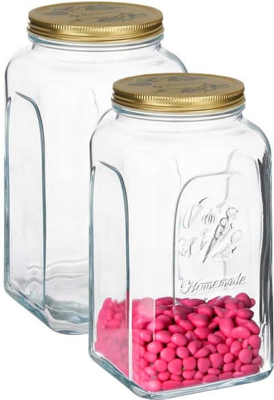 Voorraadpot/bewaarpot Square - 2x - glas - 3L - transparant/goud - 13 x 25 cm - luchtdicht - voedsel bewaren