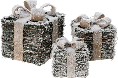 3 verlichte geschenkdozen van 17cm, 21cm en 26cm hoog - LED - Besneeuwd - 6-uurs timer
