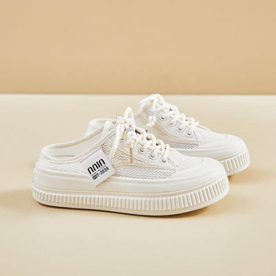 Nieuwe Canvas Kleine Witte Schoenen Dames Mesh Halve Zool Hoogteverhoging Casual Schoenen Eén Pedaal Luie Boardschoenen 40 gebroken witte kleur