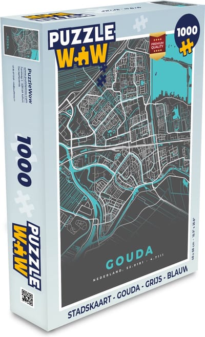 Puzzel Stadskaart - Gouda - Grijs - Blauw - Legpuzzel - Puzzel 1000 stukjes volwassenen - Plattegrond
