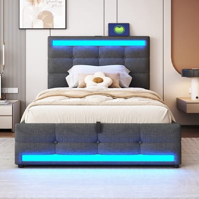 Komhtom Gestoffeerd bed 90*200 Hydraulisch kinderbed met opbergruimte, USB en LED-lichtstrip met kleurwisseling, eenpersoonsbed in linnen, grijs