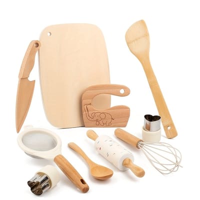 Dutchers® 10-delig Houten Kookgerei set Kinderen - Veilige Messenset – Kindermessen - Educatief Kinderbestek - Messenset Kind - Kinder Koksmes - Snijplank - Keukenschaar - Garde