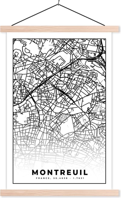 Posterhanger incl. Poster 40x60 cm - Schoolplaat - Kaart - Plattegrond - Frankrijk - Stadskaart - Montreuil - Zwart wit - Textielposter - Blanke latten - Stadskaart
