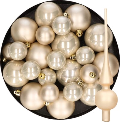 Kerstversiering kunststof kerstballen met glazen piek parel/champagne 6-8-10 cm pakket van 45x stuks - Kerstboomversiering