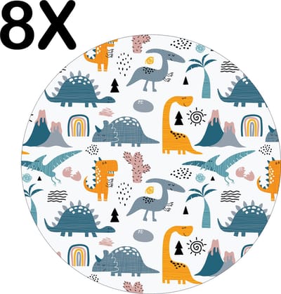 Luxe Ronde Placemat - Dino Patroon - Kinderlijk - Getekend - Set van 8 Placemats - 50x50 cm - 2 mm dik Vinyl - Anti Slip - Afneembaar