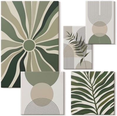 Wallfluent Set van canvas schilderijen - Stijlvolle graphics in tinten groen met planten- en geometrische motieven Canvas Schilderijen Set - Set van 5 Canvas Schilderijen - Groente Set van Canvas Prints - Natuur Canvas Kunst Set