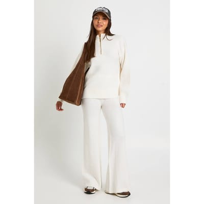 boohoo Dames Superzachte zip-hals oversized trui en wijde pijpen broek co-ord | Cream | Maat: Small