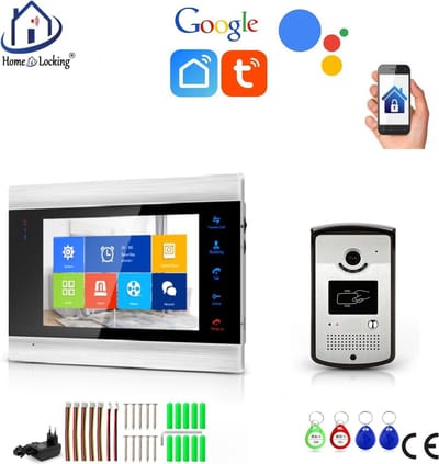 WIFI videofoon/intercom met 1 deurbel camera + 1 binnen paneel/scherm en kan werken met spraak gestuurde apps. T-2102