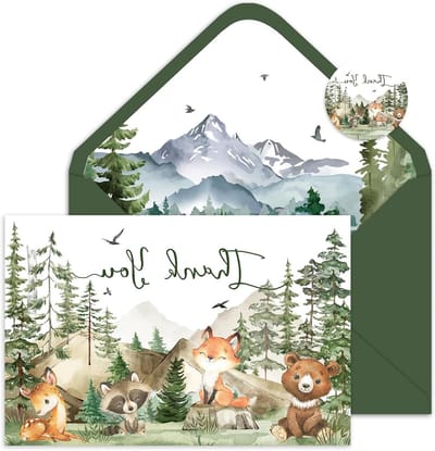 Bedankkaarten Set - Wenskaarten Enveloppen - Feestelijke Groeten Versturen - Aquarel Bos Dieren Design - 105 x 155 cm - Multicolor
