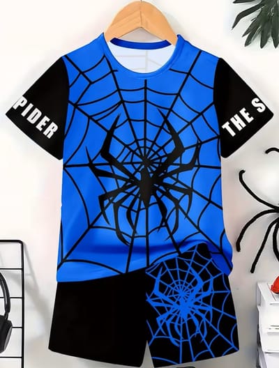 2-delige set korte broek met T-shirt - spin - spider - spinnenweb - blauw - maat 110/116 - 5/6 jaar