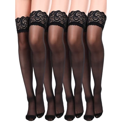 4 Paires Bas Hauts pour Femmes Collants en Dentelle Soyeux Semi-Transparents Lingerie pour Femmes Été Halloween Cosplay M black