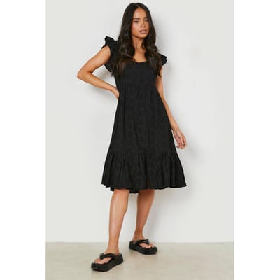 boohoo Dames Petite Broderie Puff Sleeve Bardot Midi Jurk | Zwart | Maat: 34