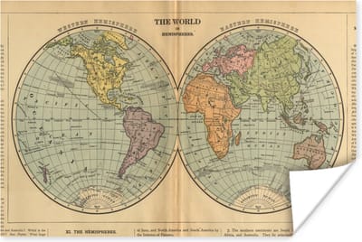 Poster - Antieke wereldkaart westelijk en oostelijk halfrond - 120x80 cm