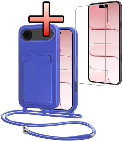 Hoes Geschikt voor iPhone Air Hoesje Pasjeshouder Cover Met Koord Case Siliconen Hoes Met Telefoonkoord en Kaarthouder Met Screenprotector - Felblauw