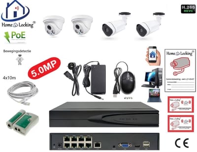 Home-Locking complete set PoE camera beveiligingssysteem met bewegingsdetectie camera's en NVR 8ch 8MP H265 met 2 dome en 2 bullet camera's 1944P 5.0MP CS-4-1435 (dome camera IP65)