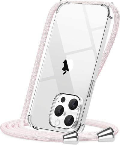 Hoesje met koord geschikt voor iPhone 13 Pro Max Transparant - Doorzichtig Shockproof hoesje voor iPhone 13 Pro Max met Lanyard - iPhone 13 Pro Max Hoesje Transparant - Telefoonkoord - Roze