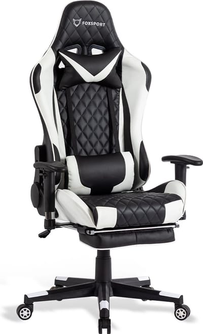 FOXSPORT Game Stoel - Gaming Stoel - Gaming Chair - Bureaustoelen - Bureaustoel Met Nekkussen & Verstelbaar Rugkussen - Instelbare Zithoogte - Gaming Accesoires - Met beensteunen - Wit/Zwart