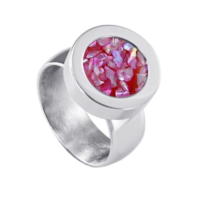 Quiges RVS Schroefsysteem Ring Zilverkleurig Glans 16mm met Verwisselbare Roze Vlokjes Schelp 12mm Mini Munt