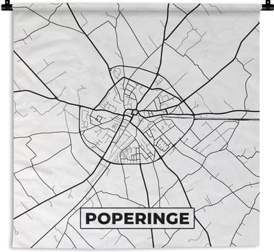 Wandkleed - Wanddoek - België – Poperinge – Stadskaart – Kaart – Zwart Wit – Plattegrond - 180x180 cm - Wandtapijt