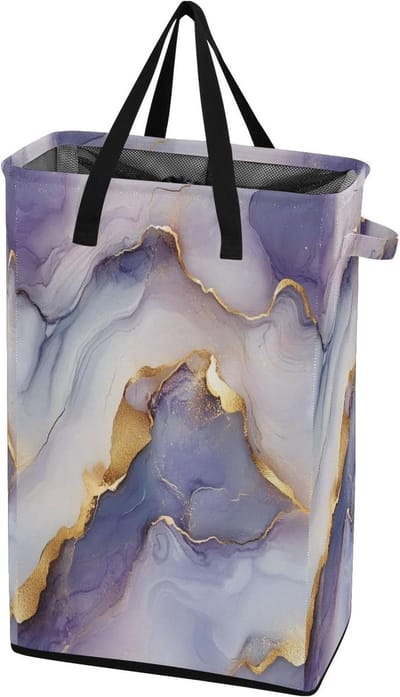 Wasbak met handvatten - Kleding mand - Was opbergen - Waterdicht materiaal - 48L capaciteit - Marmer wit paars