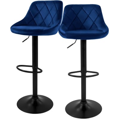 Barkruk set van 2 blauw fluwelen bekleding met rugleuning en voetensteun in hoogte verstelbaar 62-82cm ML-Design