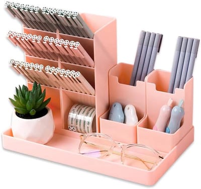 Pennenhouder voor Bureau - 13 Vakken - Pennenbakjes - Pennenkoker - Bureau Organizer - Desk Organizer - Brievenbak - Bureau Accessoires - Kunststof - Verwijderbaar - Opbergsysteem - Roze - 24.4*17.5*14 cm