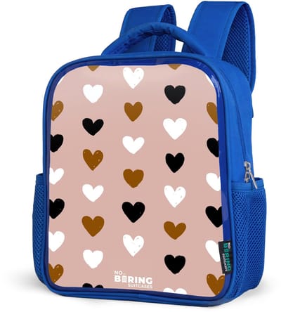 NoBoringSuitcases.com® - Rugzak blauw - Schooltas jongens - Zwart, wit en bruin hartjespatroon op oudroze achtergrond - Kinder rugtas jongen - Boekentas kind - Kinderrugzak voor school - Schoolrugzak