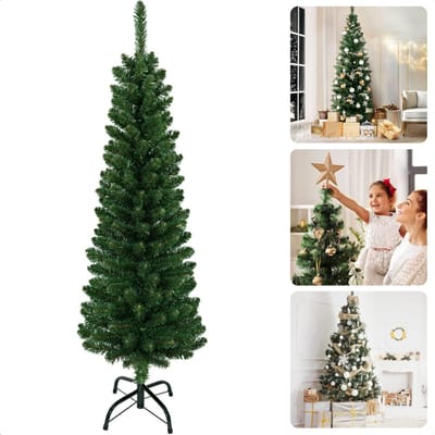 Cheqo® Smalle Kunstkerstboom - Smalle Kerstboom - Smal Model - 180 cm - PVC Potloodmodel - Metalen Standaard