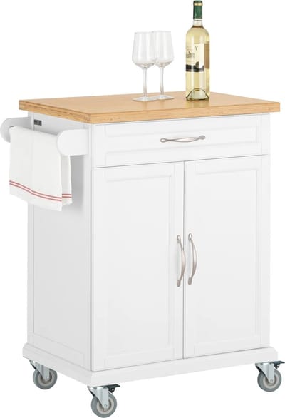 Keukeneiland - Verplaatsbaar - Keukenkast - Dressoir - Organizer - Kasten - Houten Werkblad - 2 Deuren - Wit