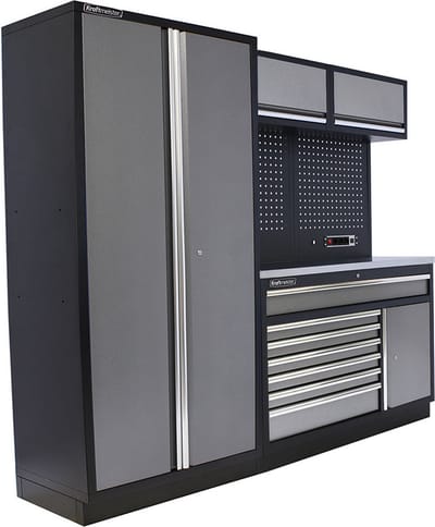 Kraftmeister werkplaatsinrichting - Werkbank met 2 wandkasten, 1 werkplaatskast en RVS werkblad - Werktafel met 7 laden, 1 opbergkast en gereedschapswand - Complete set voor werkplaats of garage - Grijs