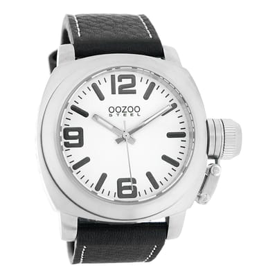 OOZOO Timepieces - Zilverkleurige horloge met zwarte leren band - OS022